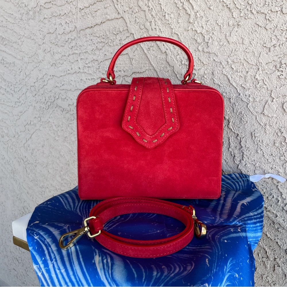MEHRY MU Red Suede Fey Box Bag Classic Stitched Top Handle Crossbody Bag - Picture 5 of 15